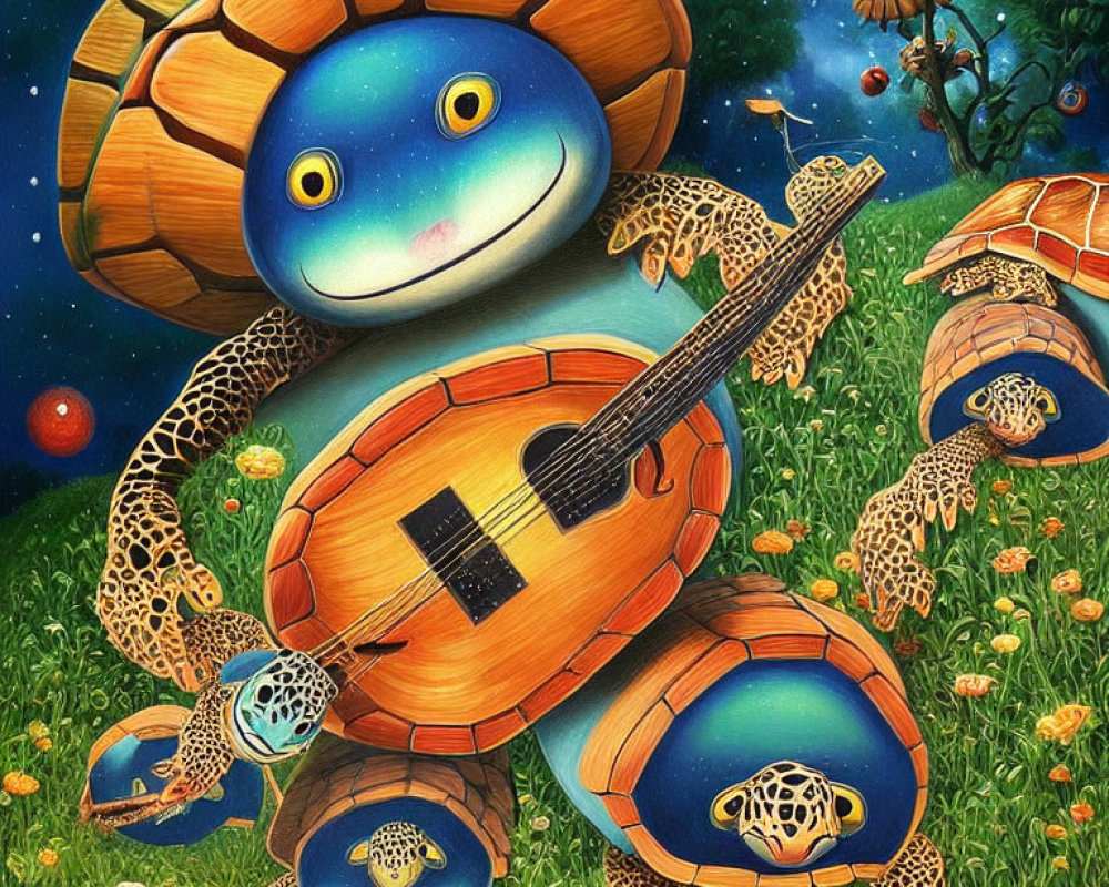 Vibrant Turtle Illustration with Musical Instrument Shell Patterns