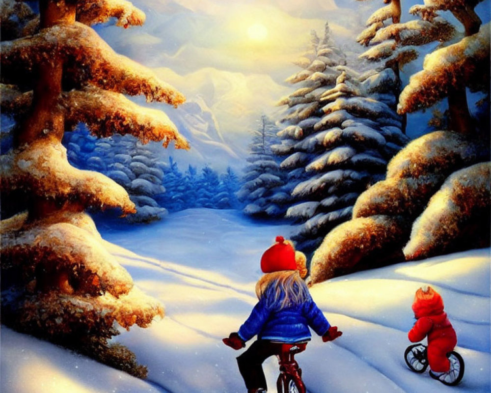 Children riding bicycles in snowy winter forest with sunset sky