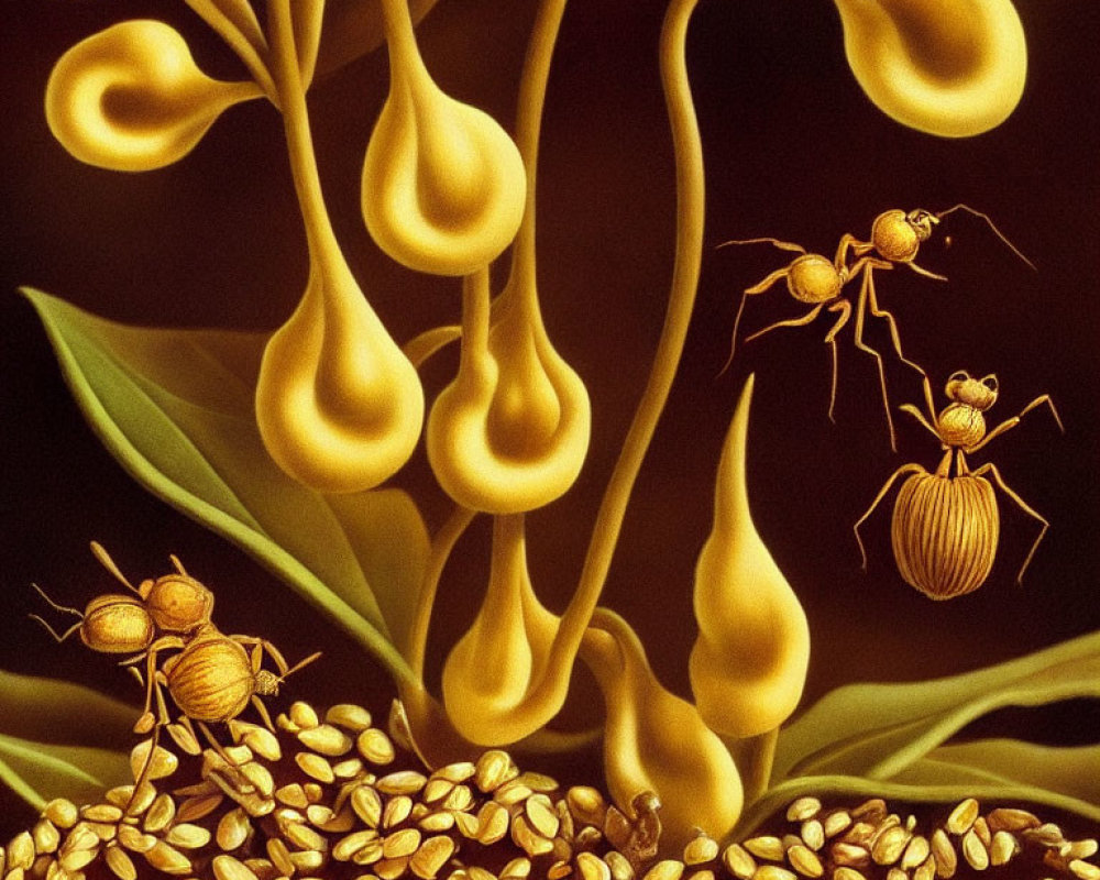 Golden plant with bulbous structures and scattered seeds on dark background
