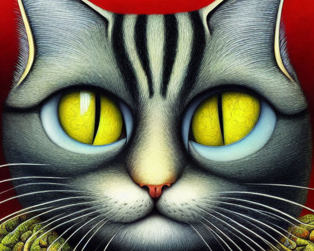 Vibrant Close-Up Tabby Cat with Yellow Eyes and Red Hat on Red Background