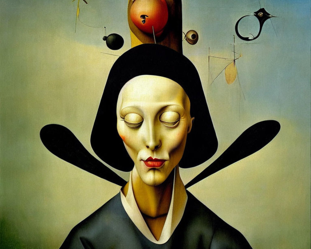 Surrealistic painting: Woman with serene expression, geometric shapes, floating objects