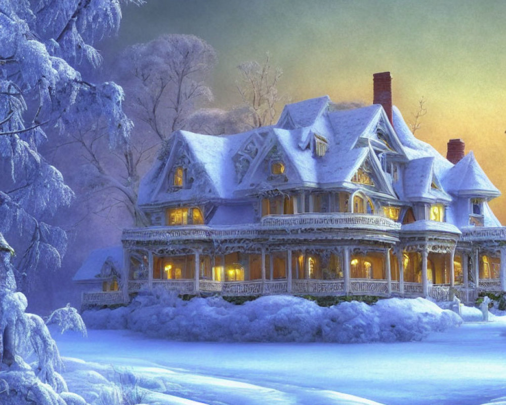 Victorian-style house in snow with frost-covered trees at twilight