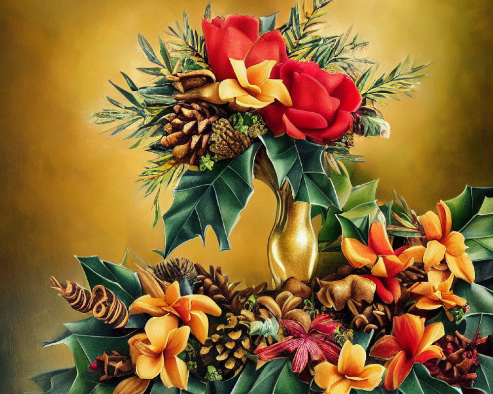Colorful festive still life with red flowers, pine cones, holly leaves on golden background