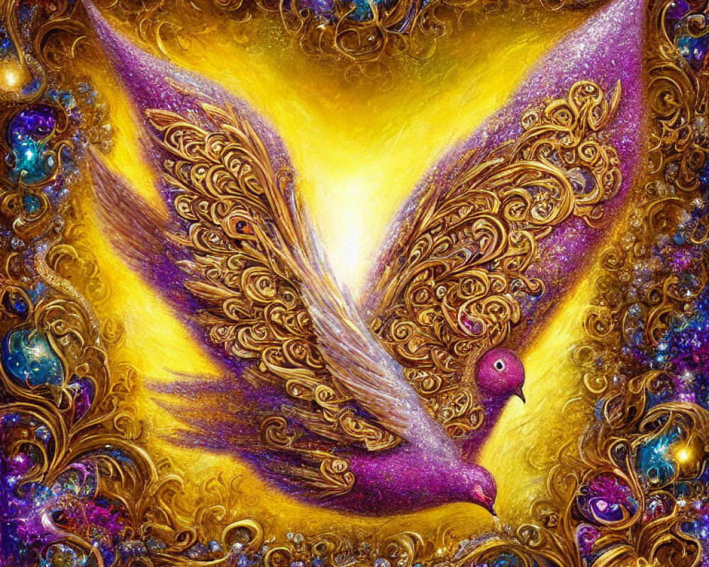 Golden abstract bird with intricate patterns on textured background