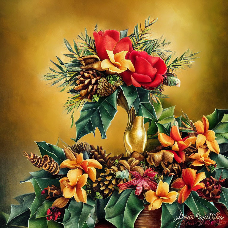 Colorful festive still life with red flowers, pine cones, holly leaves on golden background