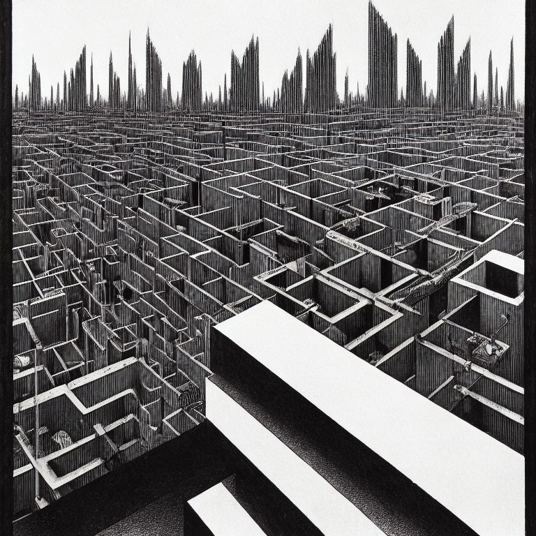 Detailed black and white cityscape drawing with intricate maze-like structures