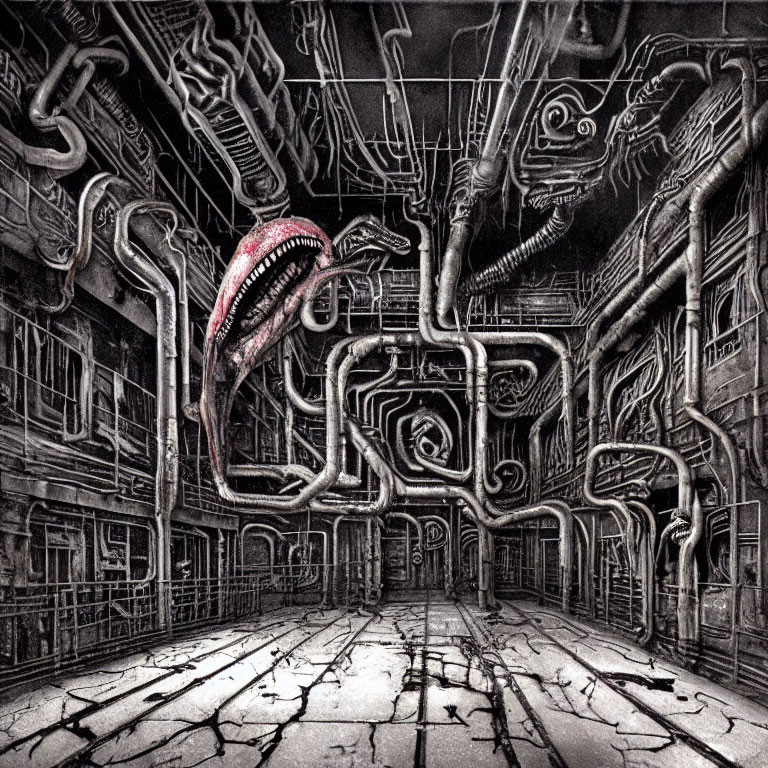 Monochromatic artwork: Alien-like corridor with biomechanical walls and monstrous creature.