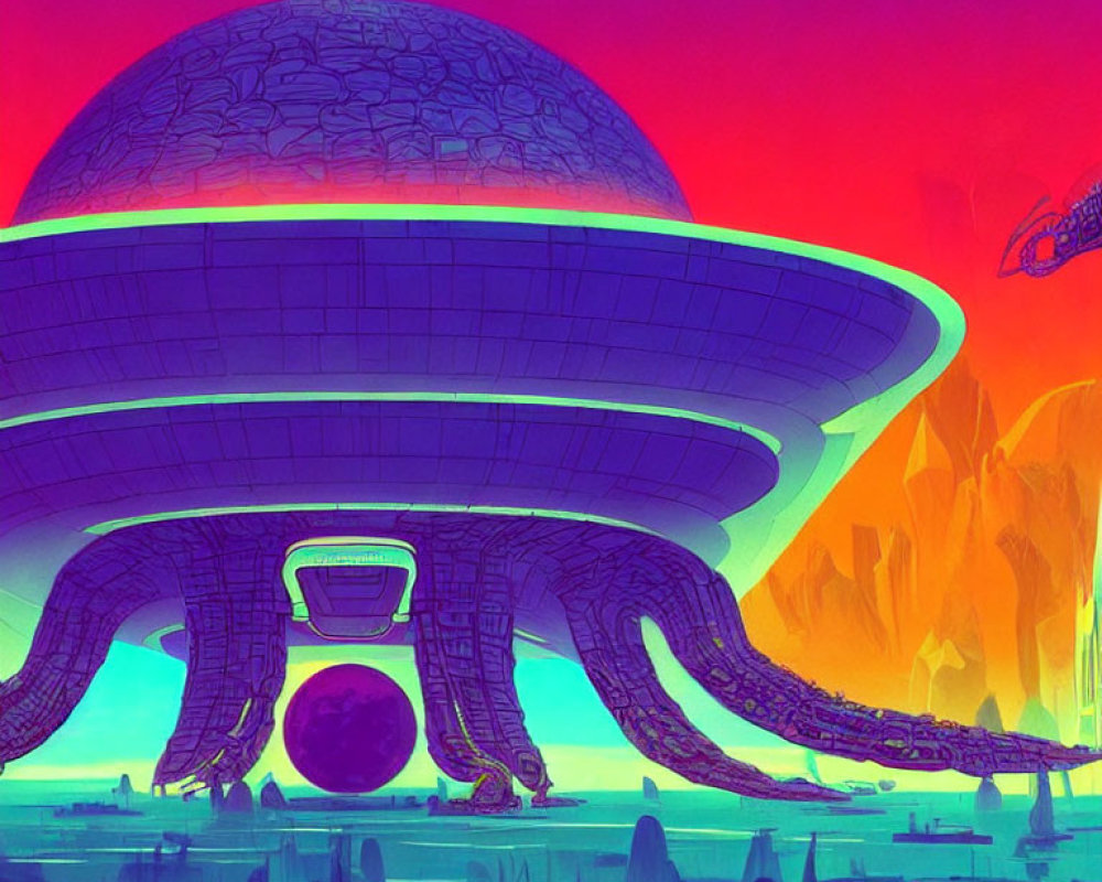Futuristic alien cityscape with mushroom-shaped building in vibrant digital artwork