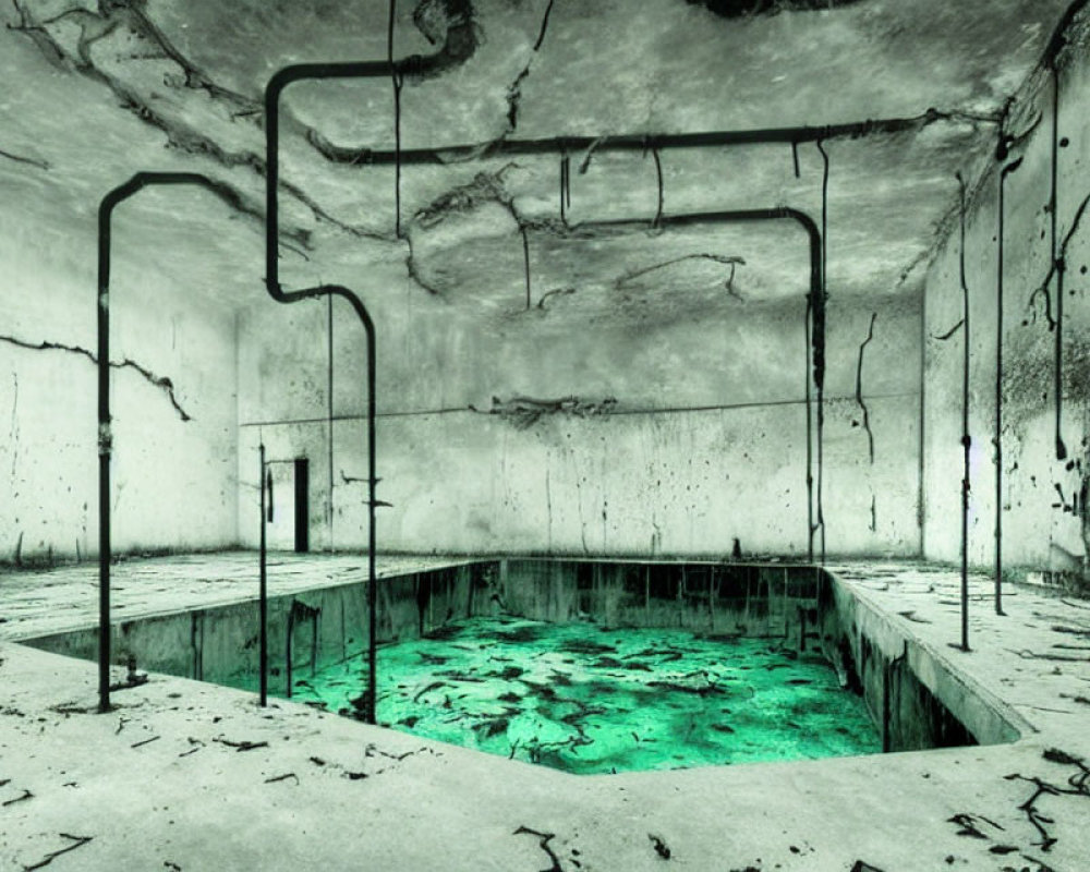Decrepit indoor pool with cracked walls and green water