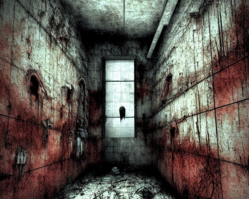 Eerie room with blood-stained walls and dark figure in glowing window