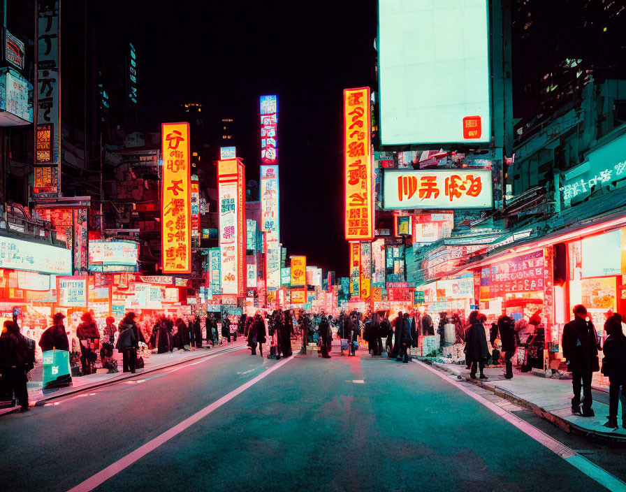 Neon-lit Asian city street bustling at night