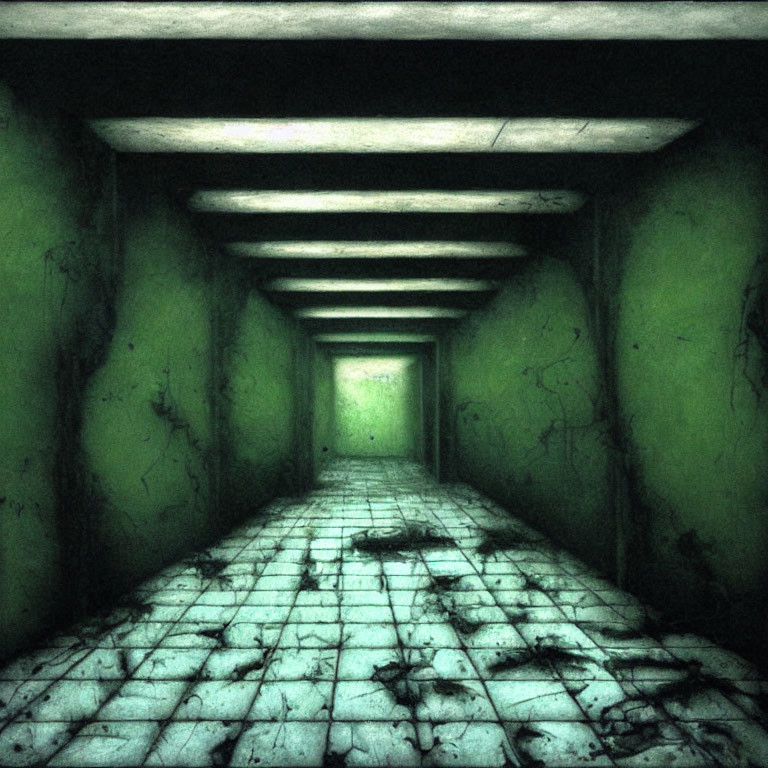 Dimly Lit Eerie Corridor with Green Walls and Scattered Debris