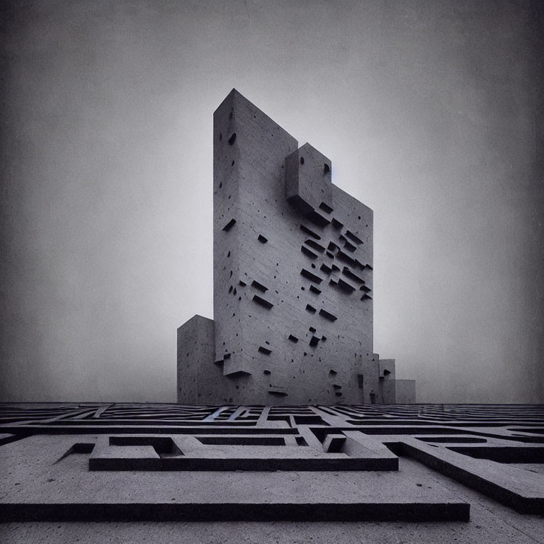 Monochrome image of abstract tall building with irregular windows on patterned floor