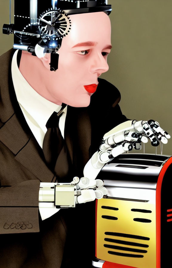 Illustration of humanoid figure in suit with robotic head and hand holding microphone