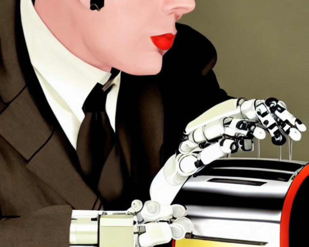 Illustration of humanoid figure in suit with robotic head and hand holding microphone