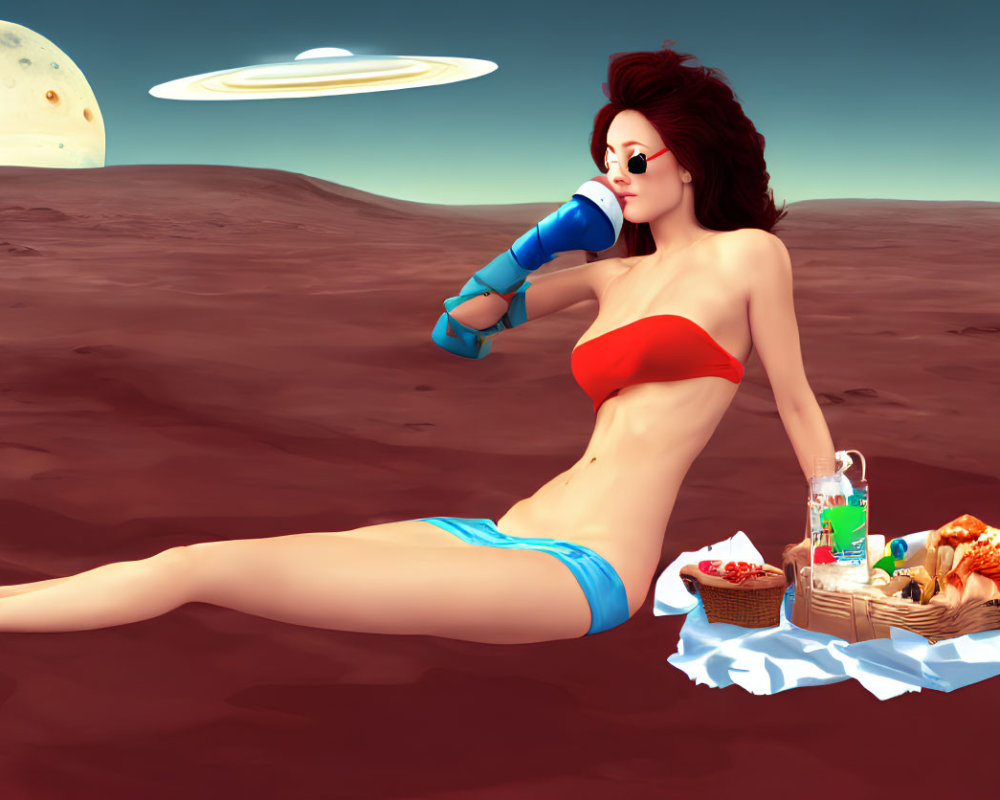 Illustration of woman in red bikini on Martian landscape with telescope viewing Saturn