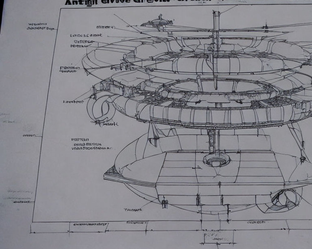 Multi-layered circular structure technical drawing with annotations on table.