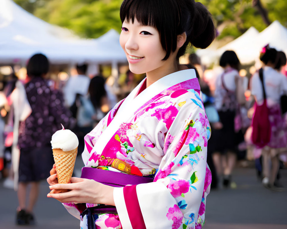 Colorful Kimono-Wearing Person Enjoying Ice Cream Outdoors