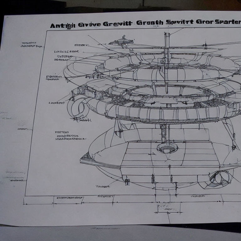 Multi-layered circular structure technical drawing with annotations on table.