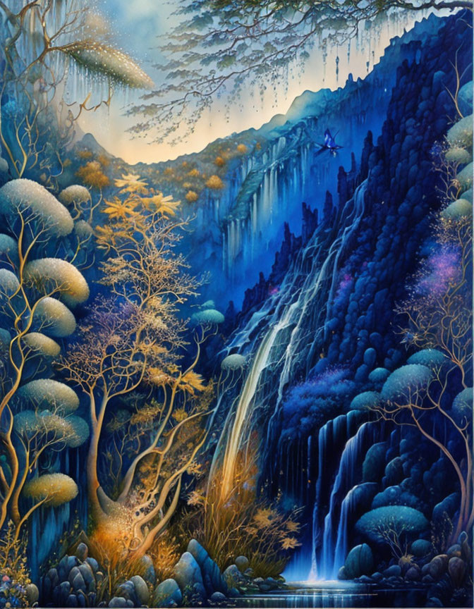 Vivid Fantasy Landscape with Cascade Waterfall and Twilight Sky