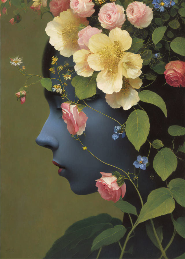 Vibrant surreal portrait featuring person with dark blue skin and floral headdress
