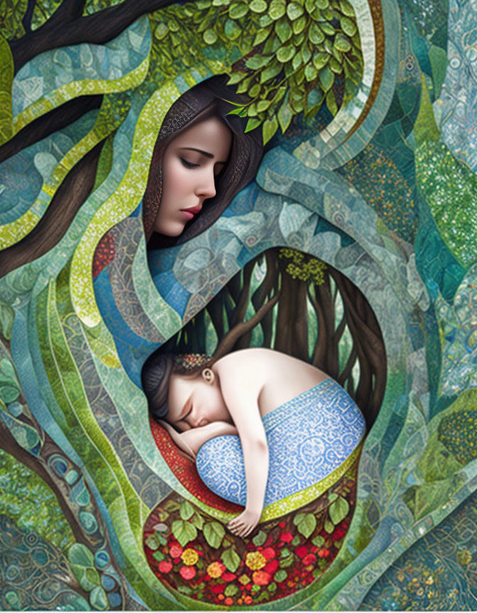 Surreal illustration of woman and child with flowing hair as tree canopy