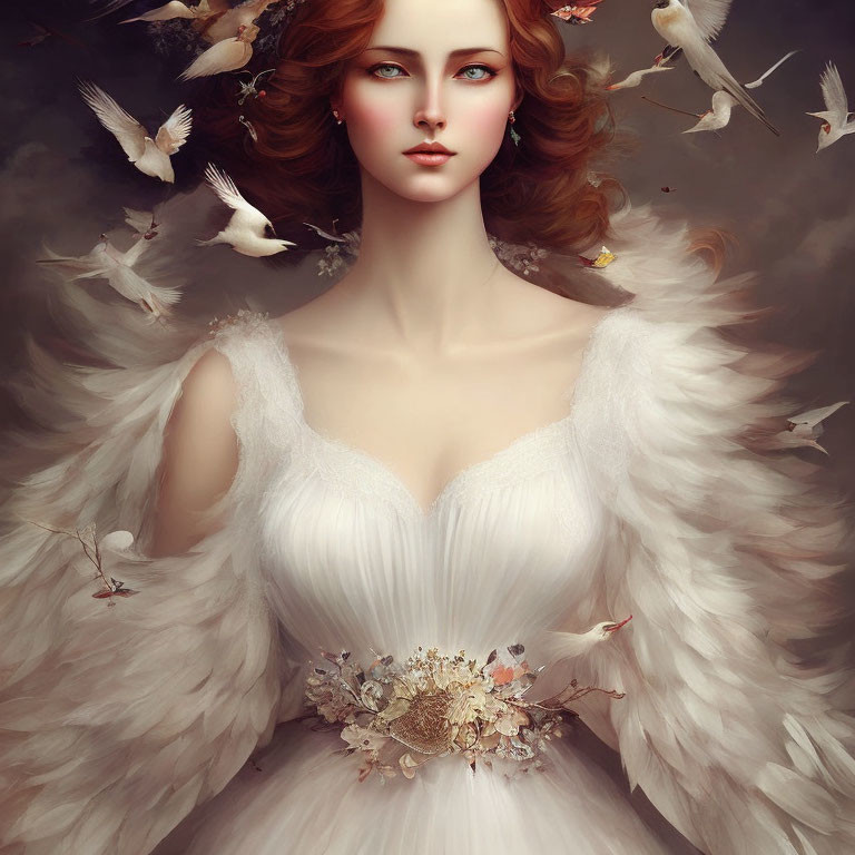 Digital artwork: Red-haired woman in white dress with doves on dark background