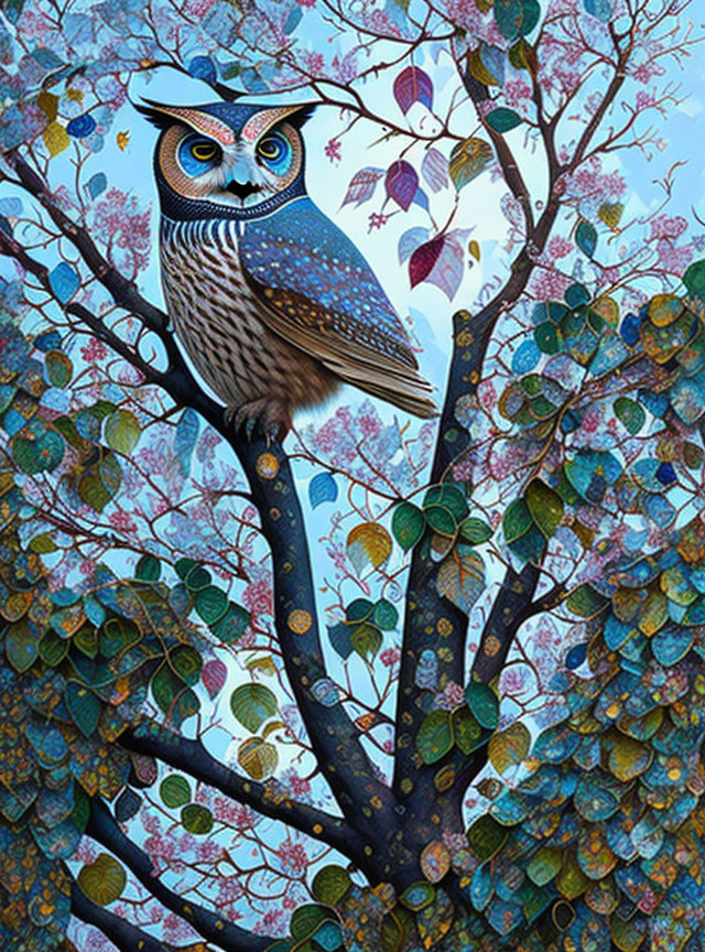 Blue and Brown Plumage Owl Illustration on Branch with Colorful Foliage