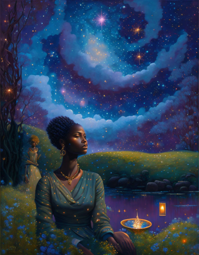 Woman by tranquil lake at night with spiral stars, floating candle, and statue.
