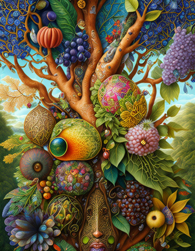 Fantasy-inspired illustration of a tree with hidden face and fruits under blue sky