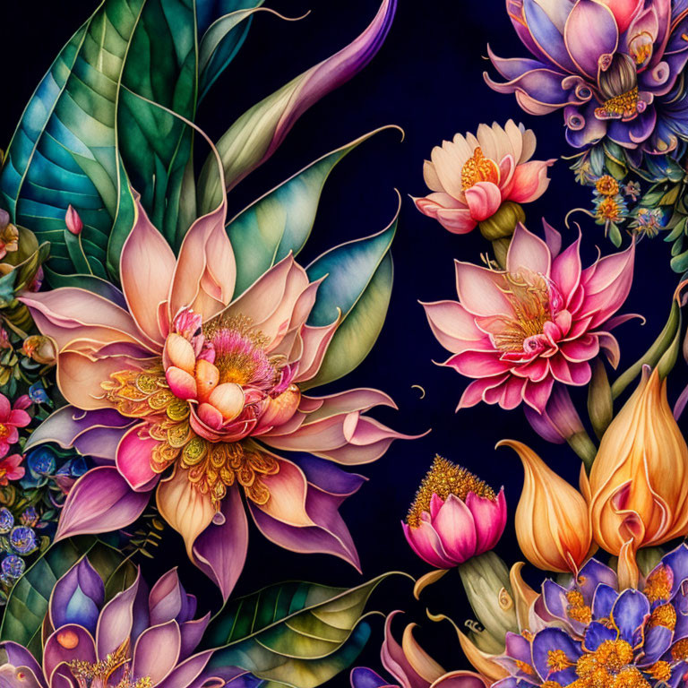 Colorful Flowers and Leaves Illustration on Dark Background