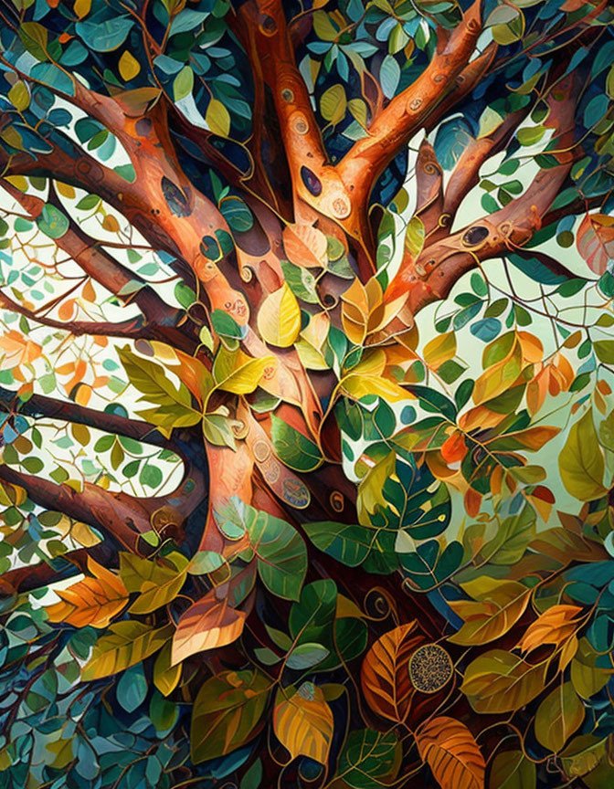 Colorful Tree Painting with Detailed Branches and Leaves