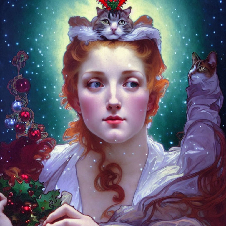Red-haired woman in white outfit surrounded by festive ambiance and two cats, one with Santa hat
