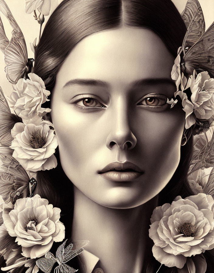 Symmetrical woman portrait with flowers and butterflies in monochrome