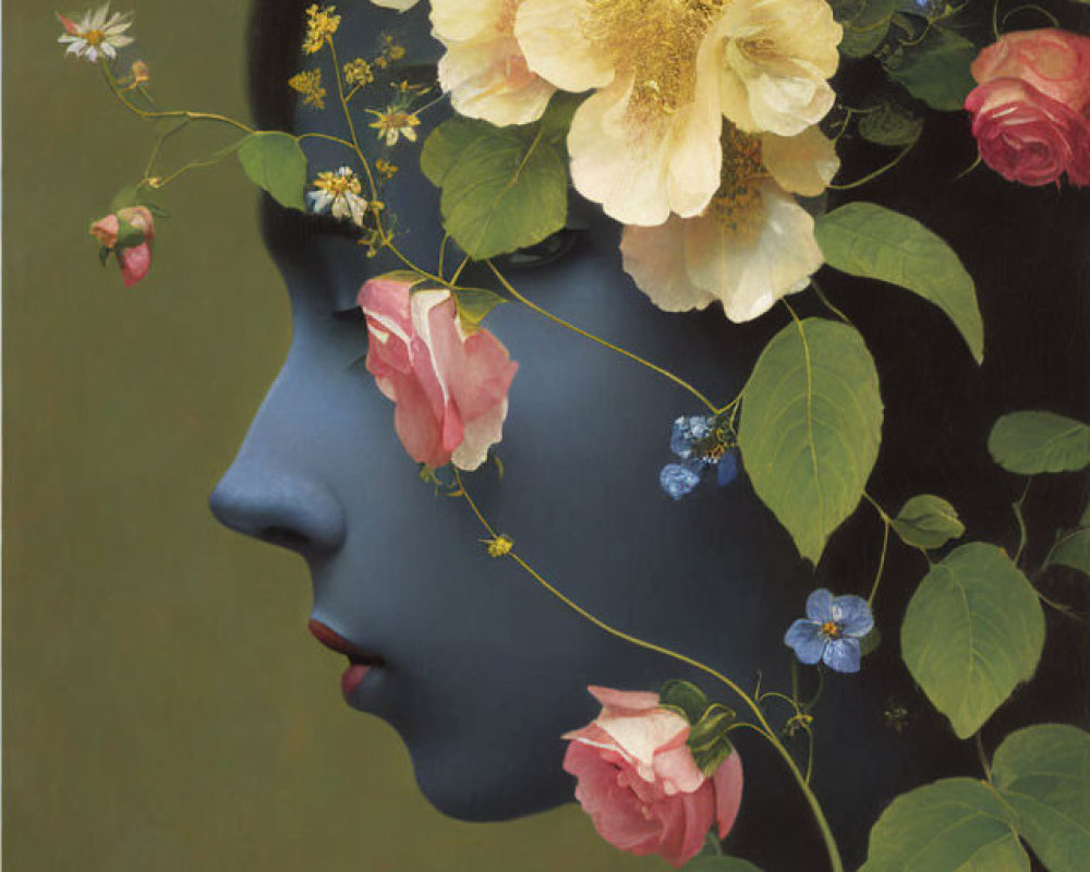 Vibrant surreal portrait featuring person with dark blue skin and floral headdress