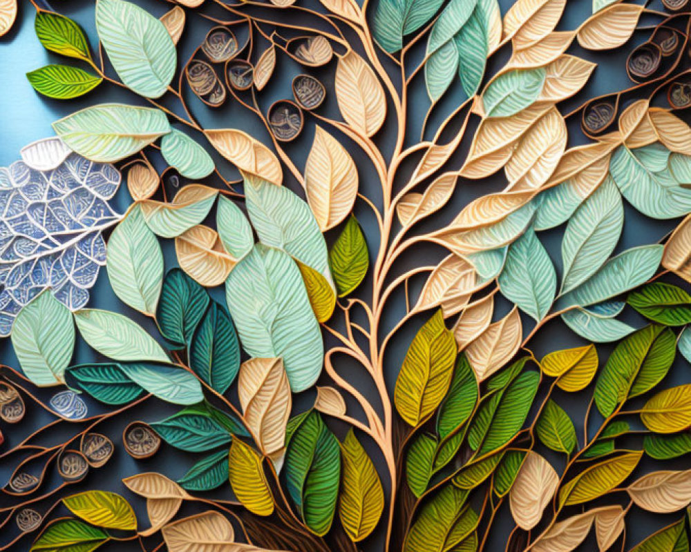 Layered quilled paper art of vibrant tree with green and brown leaves