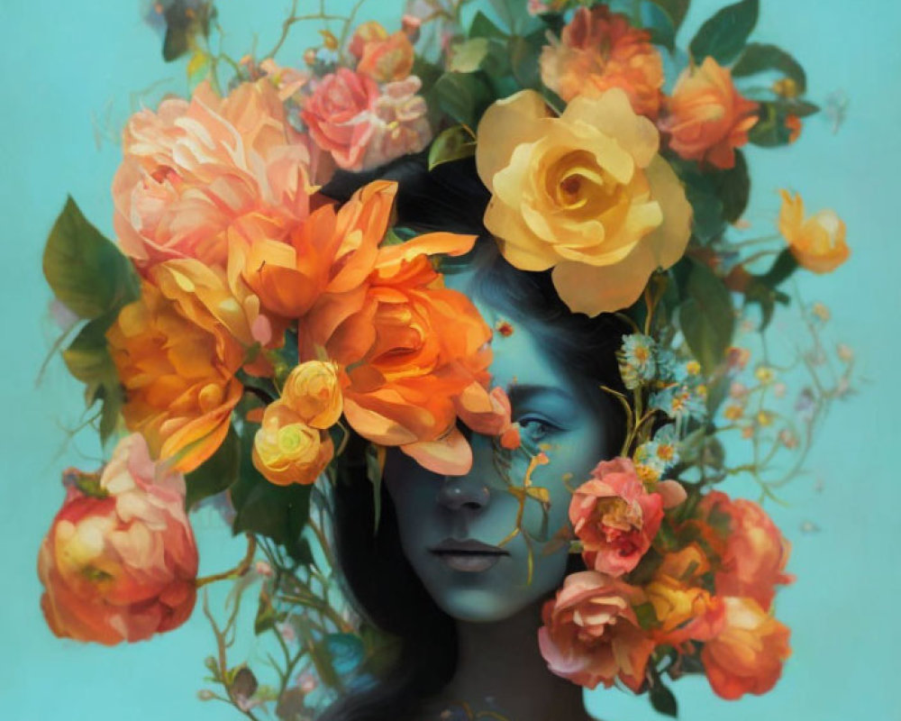Portrait of Woman with Orange and Yellow Flowers on Teal Background
