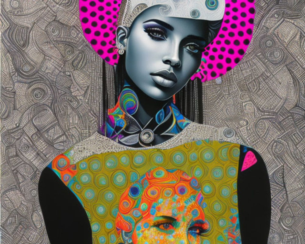 Colorful abstract digital artwork of stylized female figure with patterned skin and secondary portrait.