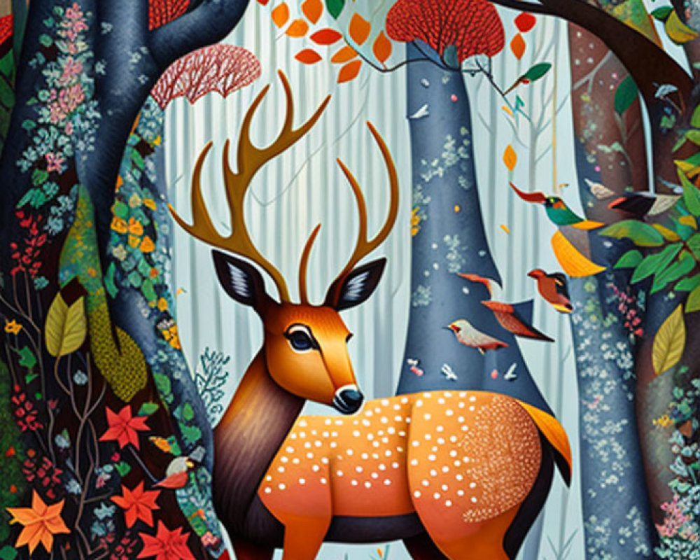 Vibrant forest illustration with deer, birds, and colorful flora