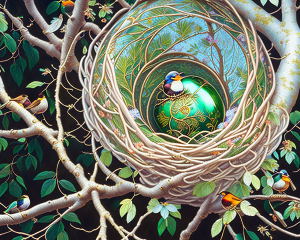 Colorful artwork featuring bird's nest, egg, and small birds on branches.