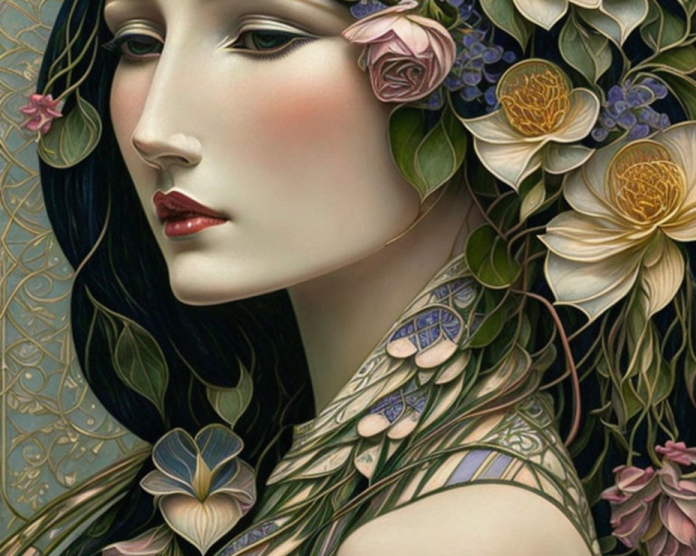 Serene woman surrounded by intricate floral designs