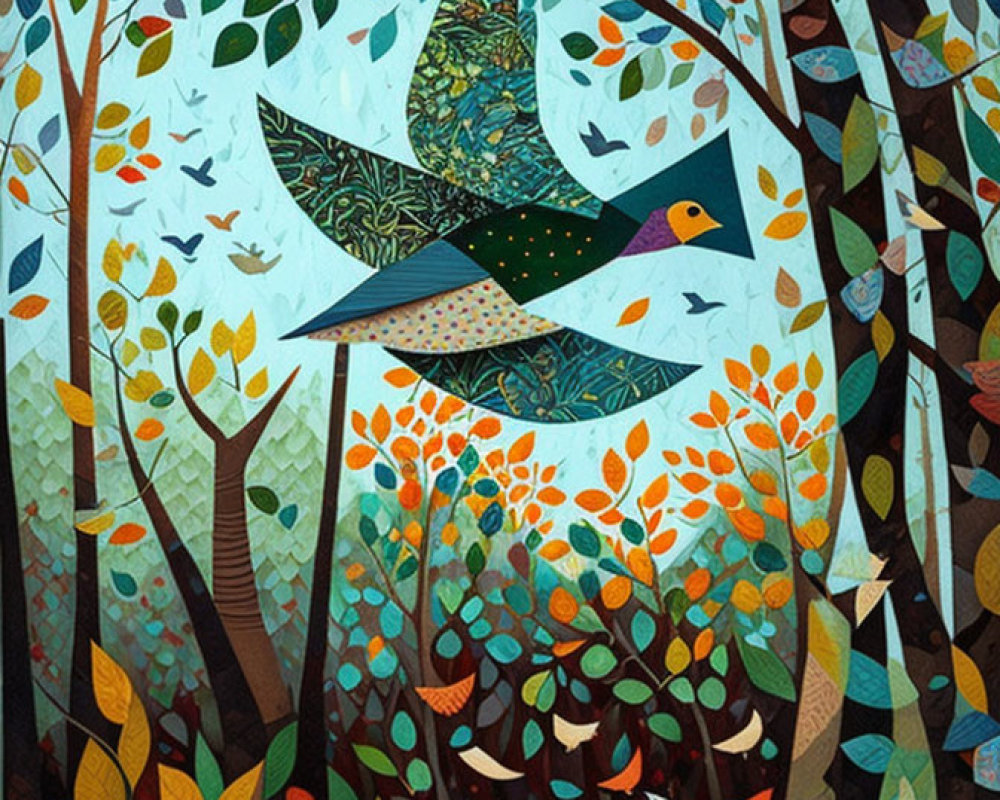 Vibrant bird illustration in mosaic forest setting