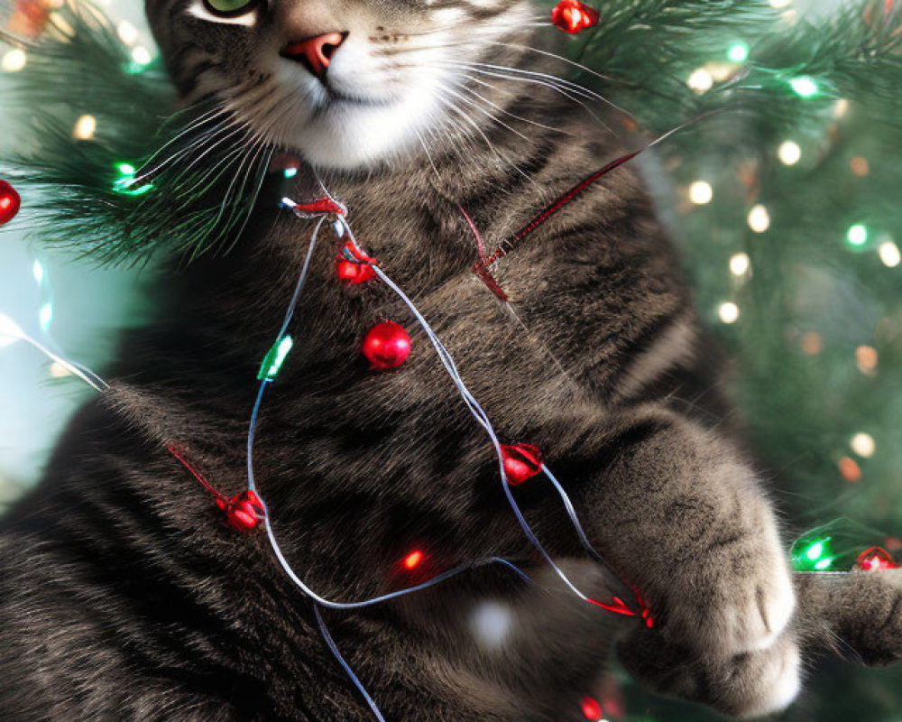 Tabby Cat with Green Eyes in Christmas Lights and Tree Background