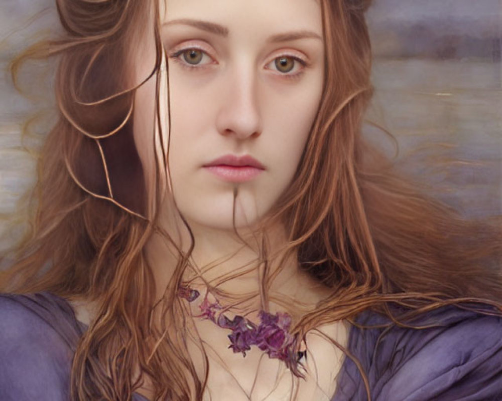 Portrait of young woman with flowing brown hair and striking eyes in purple dress.
