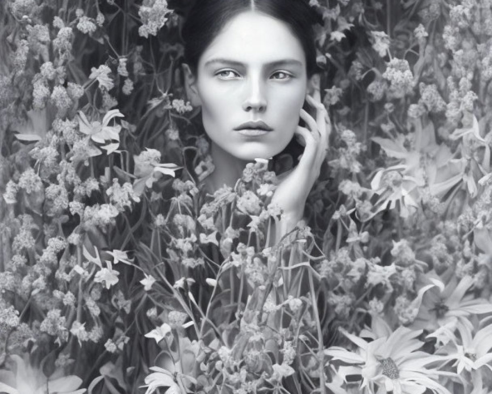 Grayscale portrait of woman with flowers, serene atmosphere.