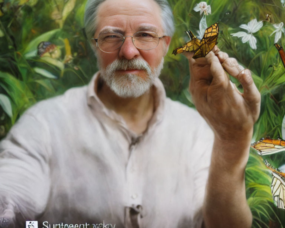 Elderly man with glasses holding butterfly in garden full of flowers