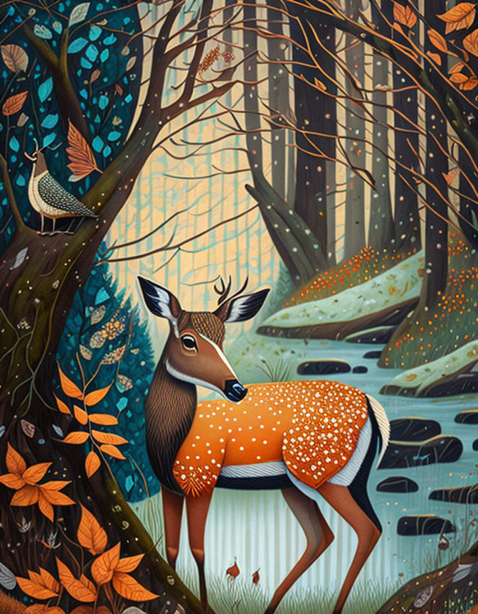 Illustration of deer in vibrant forest with bird and intricate flora