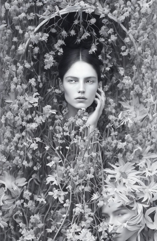Grayscale portrait of woman with flowers, serene atmosphere.