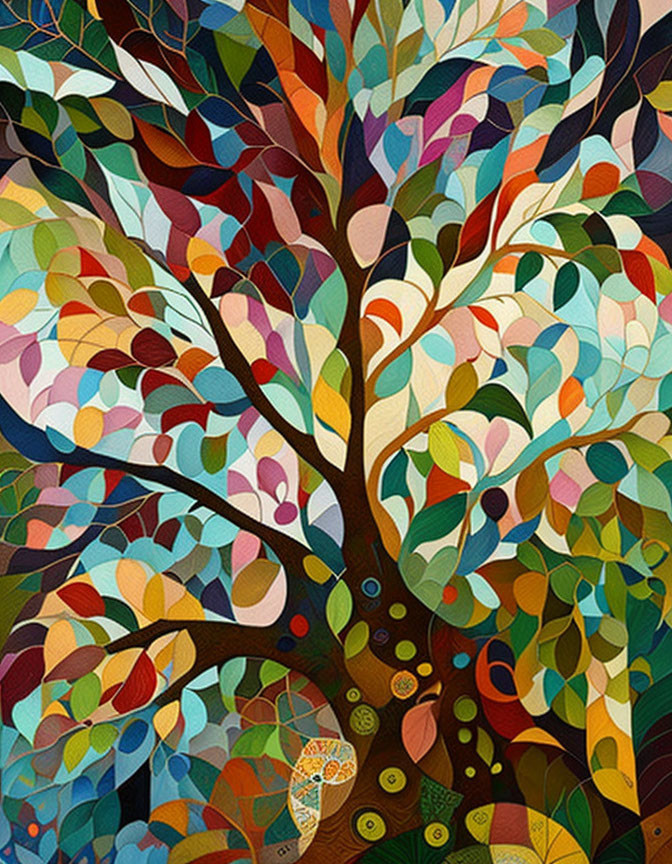 Colorful stylized tree with vibrant, patterned leaves.