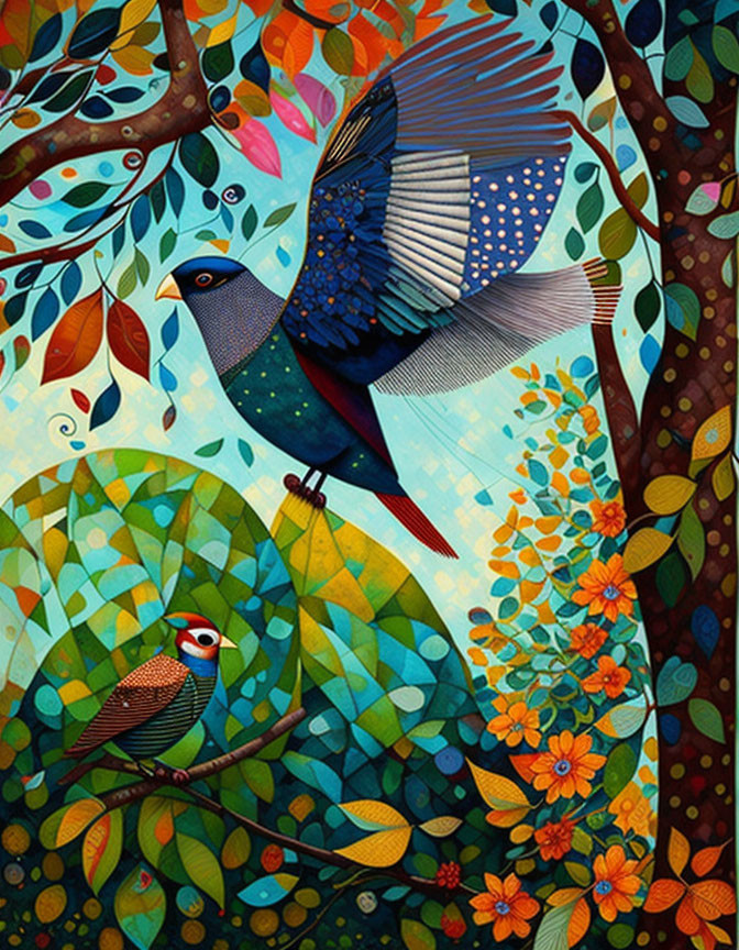 Colorful illustration of two birds in vibrant foliage and whimsical patterns